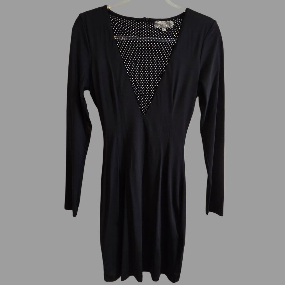Meshki Black Deep Plunge Rhinestone chest Mini Long Sleeve Dress Sz Small